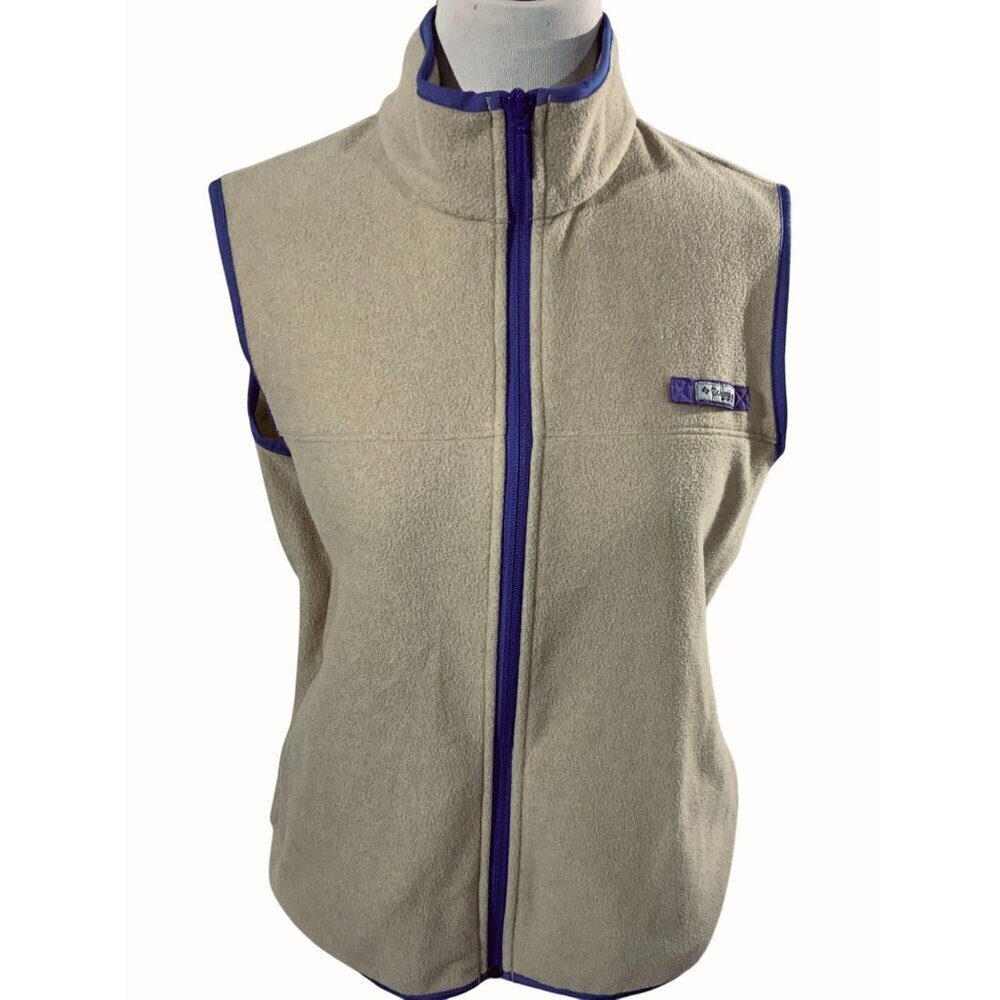 Columbia PFG Beige Fleece Vest Purple Trim Full Zip Sleeveless Jacket Size Large